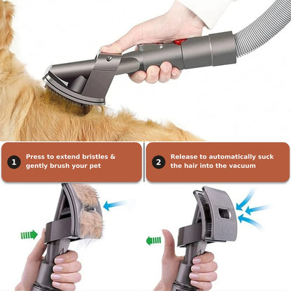 Real demo: brushing a golden retriever with the MiloPaw pet grooming vacuum attachment, showing press-to-brush and release-to-suck steps