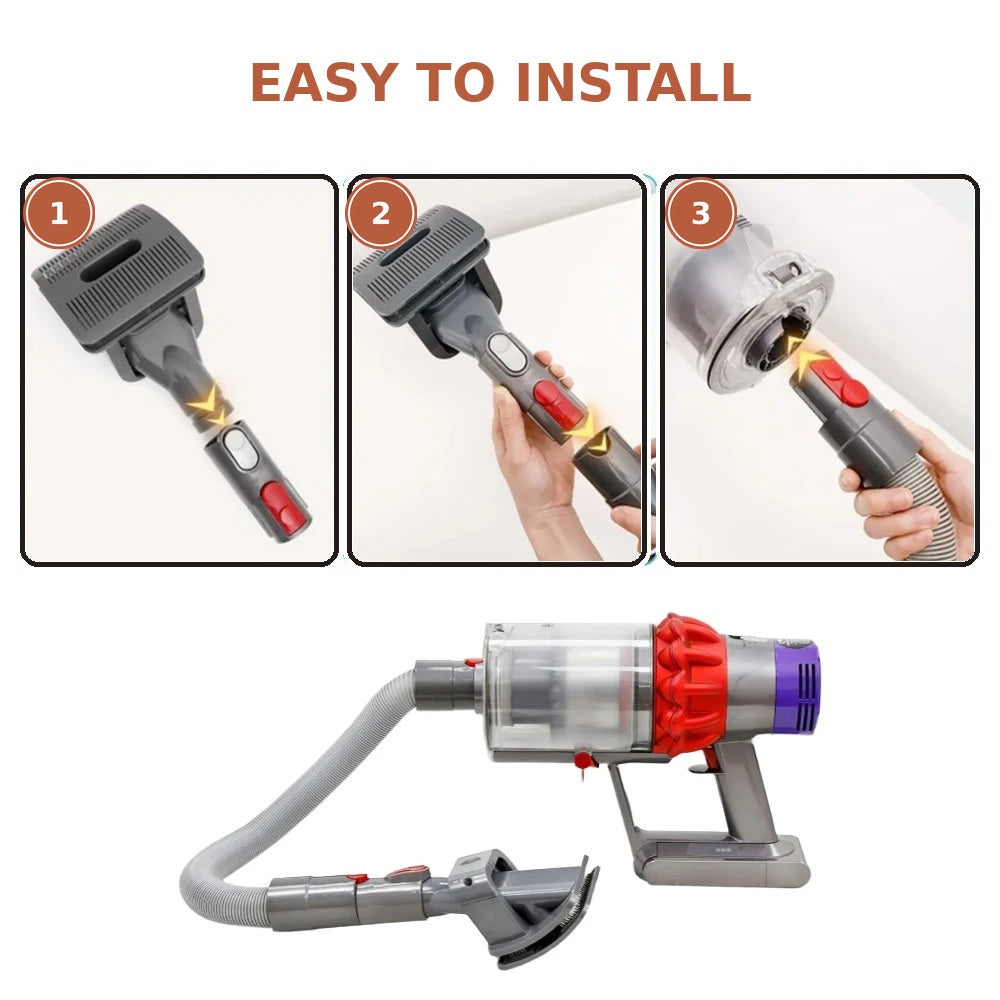 Easy 3-step installation of the MiloPaw pet grooming vacuum attachment onto a Dyson cordless vacuum